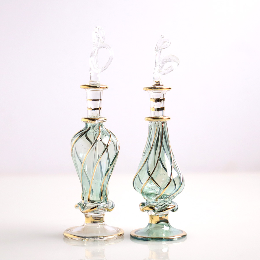 エジプト ガラス香水瓶　11cm ２本セット　ゴールドライン ファラオ ユニークなボトルキャップ