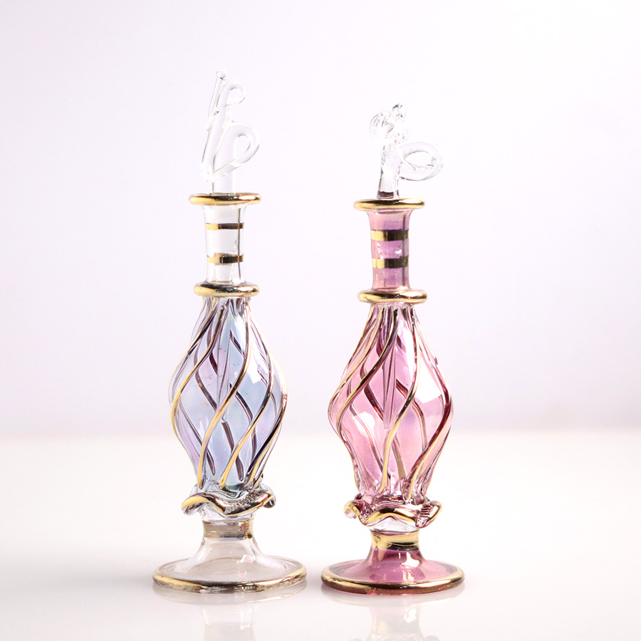 エジプト ガラス香水瓶　11cm ２本セット　ゴールドライン ファラオ ユニークなボトルキャップ