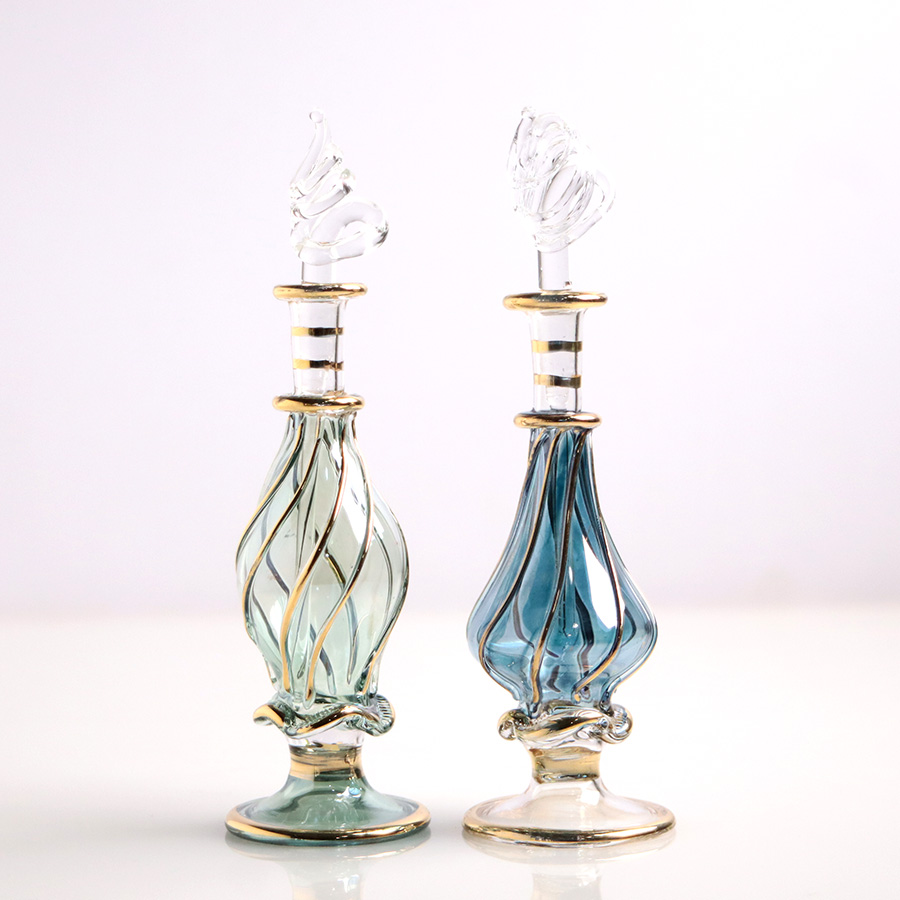 エジプト ガラス香水瓶　11cm ２本セット　ゴールドライン ファラオ ユニークなボトルキャップ