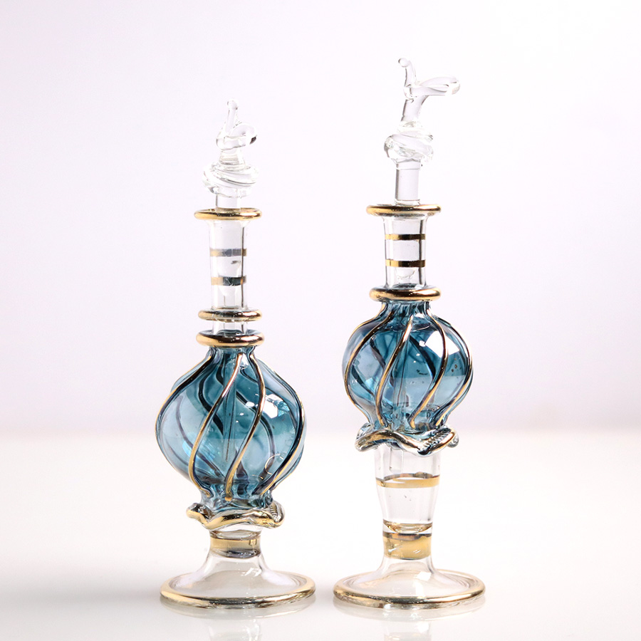 エジプト ガラス香水瓶　11cm ２本セット　ゴールドライン ファラオ ユニークなボトルキャップ