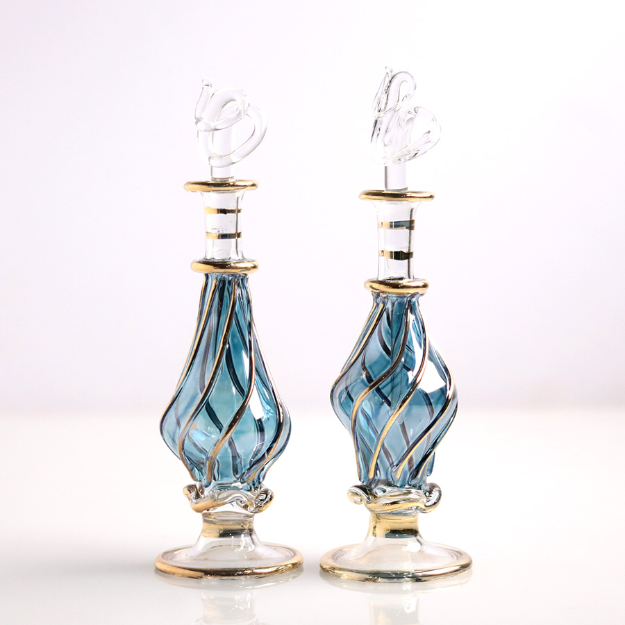 エジプト ガラス香水瓶　11cm ２本セット　ゴールドライン ファラオ ユニークなボトルキャップ