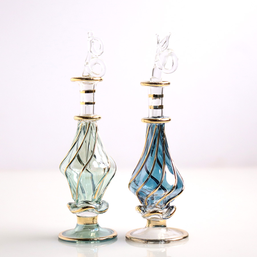 エジプト ガラス香水瓶　11cm ２本セット　ゴールドライン ファラオ ユニークなボトルキャップ