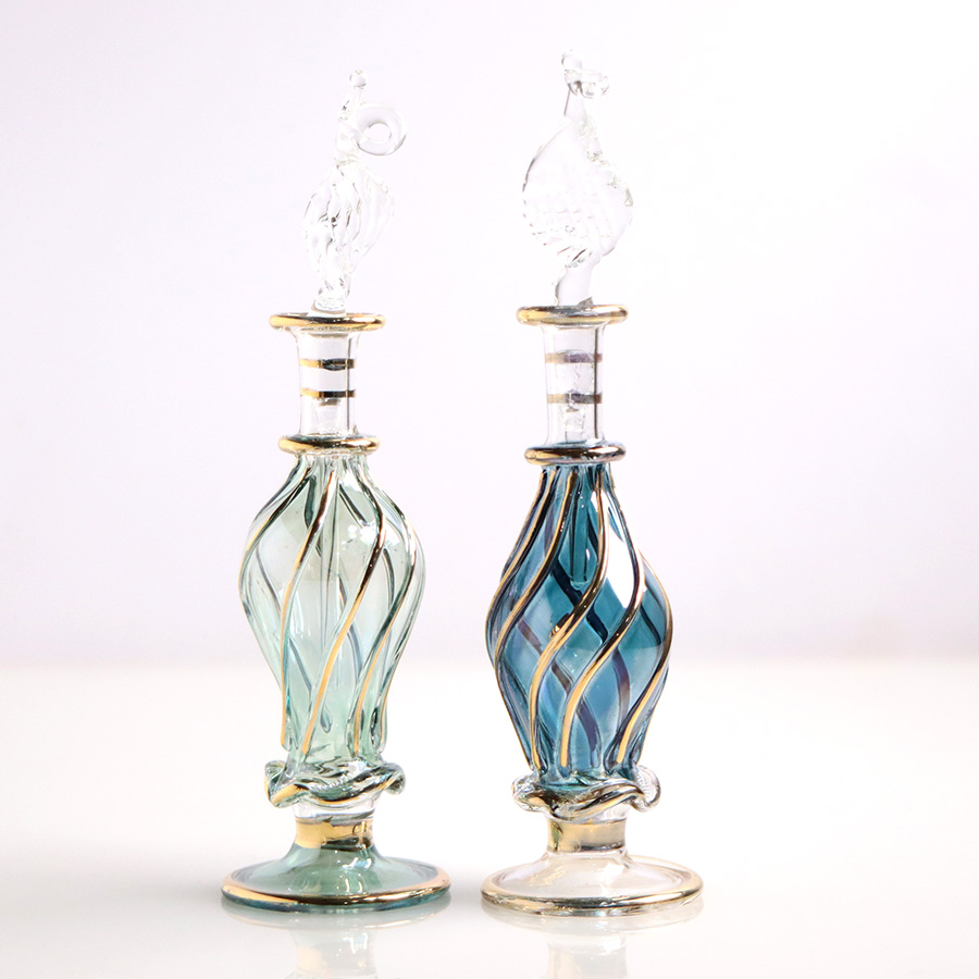 エジプト ガラス香水瓶　11cm ２本セット　ゴールドライン ファラオ ユニークなボトルキャップ