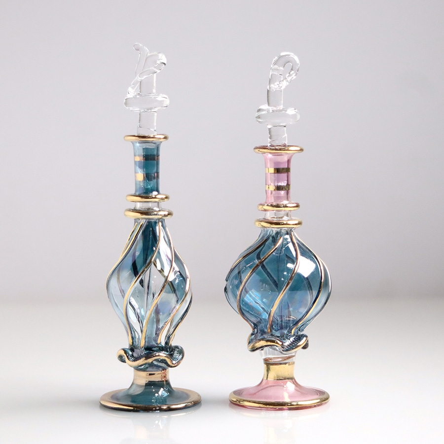 エジプト ガラス香水瓶　11cm ２本セット　ゴールドライン ファラオ ユニークなボトルキャップ