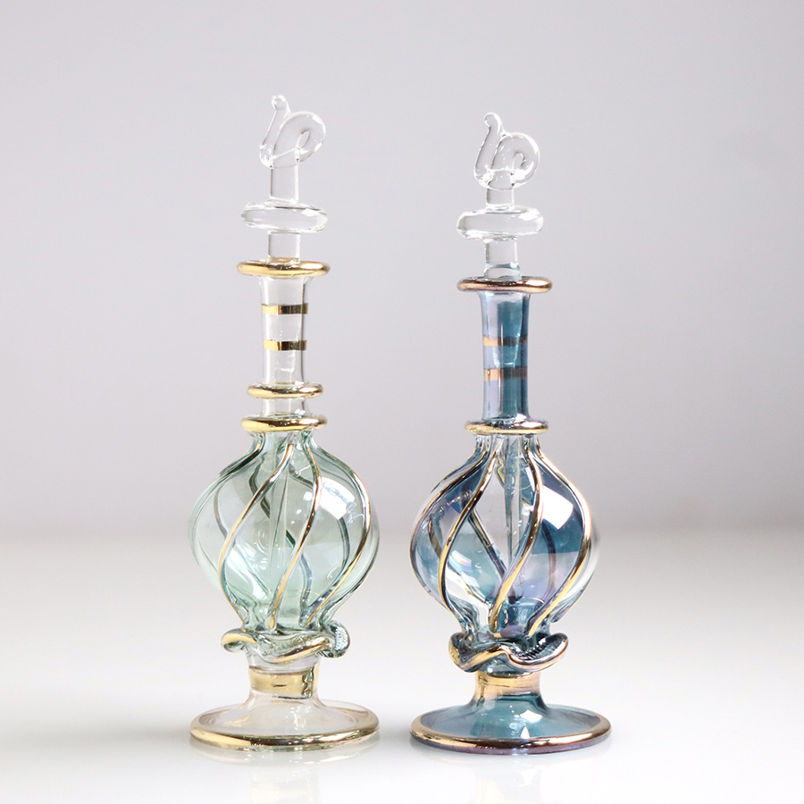 エジプト ガラス香水瓶　11cm ２本セット　ゴールドライン ファラオ ユニークなボトルキャップ