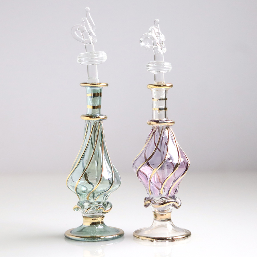 エジプト ガラス香水瓶　11cm ２本セット　ゴールドライン ファラオ ユニークなボトルキャップ