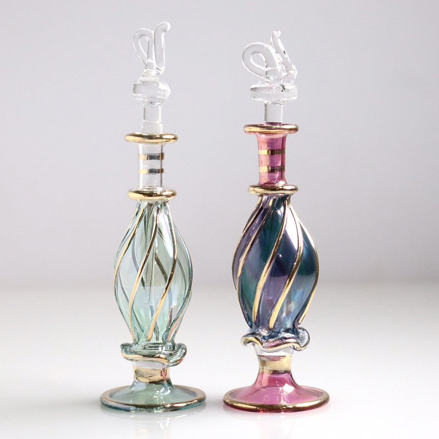 エジプト ガラス香水瓶　11cm ２本セット　ゴールドライン ファラオ ユニークなボトルキャップ