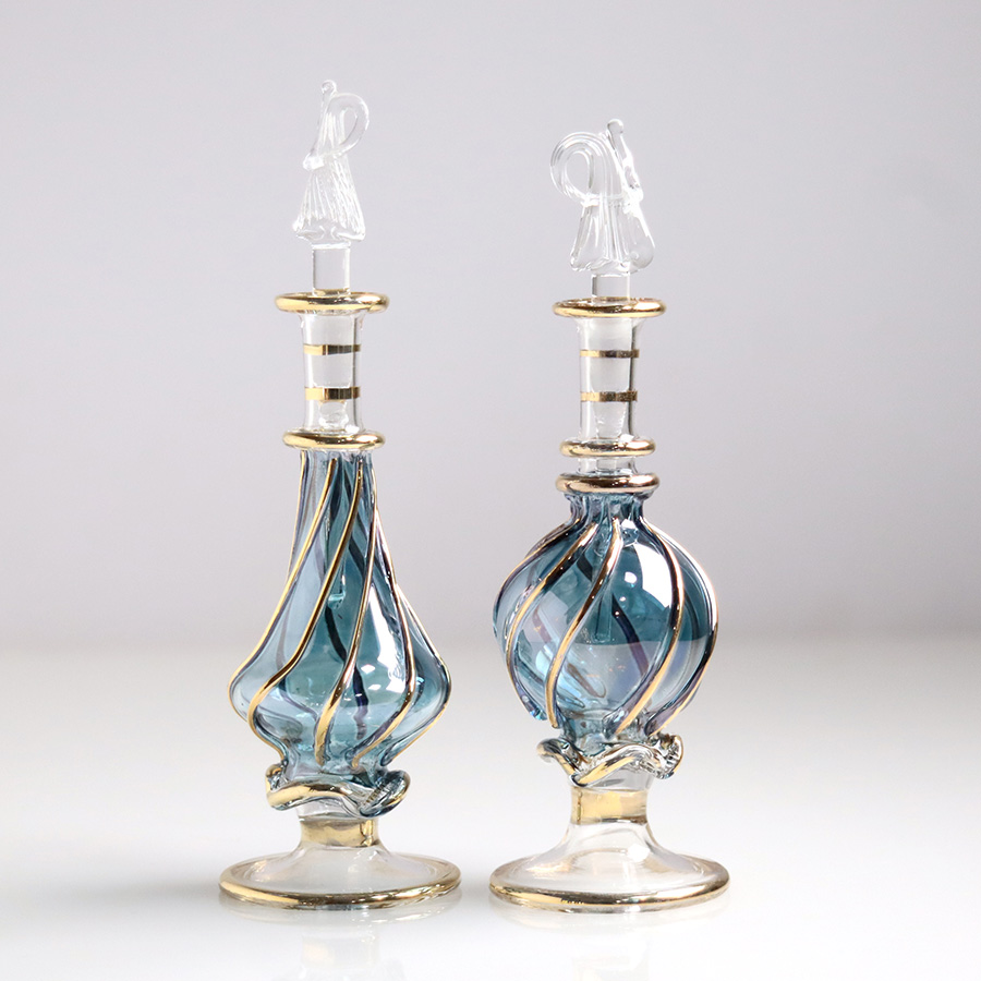 エジプト ガラス香水瓶　11cm ２本セット　ゴールドライン ファラオ ユニークなボトルキャップ