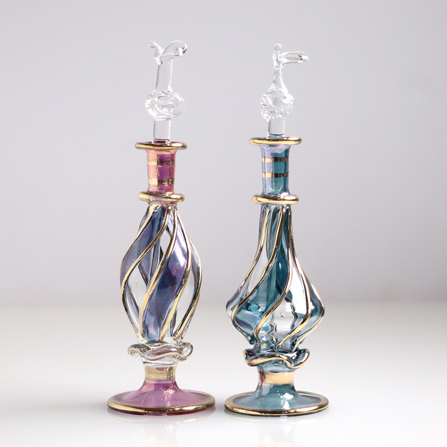 エジプト ガラス香水瓶　11cm ２本セット　ゴールドライン ファラオ ユニークなボトルキャップ