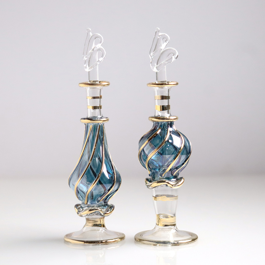 エジプト ガラス香水瓶　11cm ２本セット　ゴールドライン ファラオ ユニークなボトルキャップ