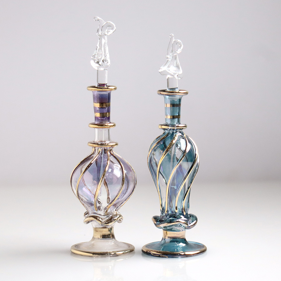 エジプト ガラス香水瓶　11cm ２本セット　ゴールドライン ファラオ ユニークなボトルキャップ