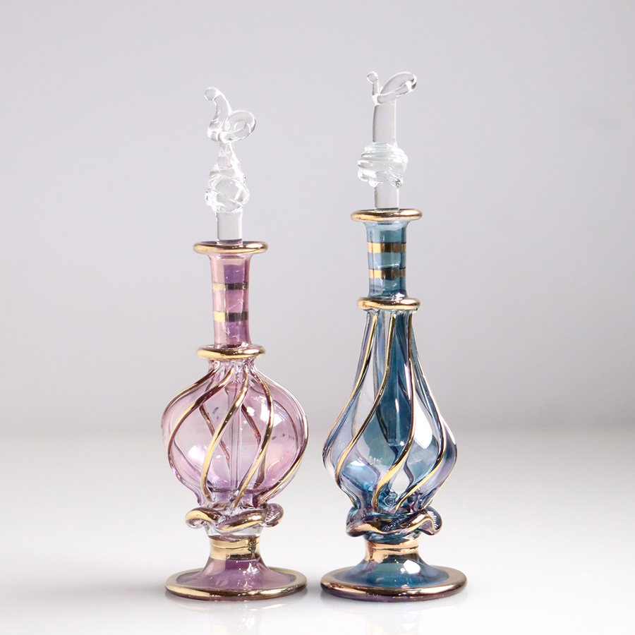 エジプト ガラス香水瓶　11cm ２本セット　ゴールドライン ファラオ ユニークなボトルキャップ