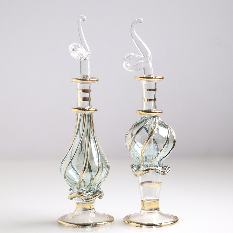 エジプト ガラス香水瓶　11cm ２本セット　ゴールドライン ファラオ ユニークなボトルキャップ