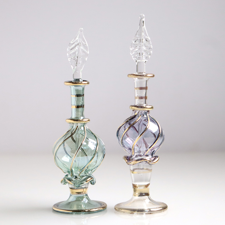 エジプト ガラス香水瓶　11cm ２本セット　ゴールドライン ファラオ ユニークなボトルキャップ