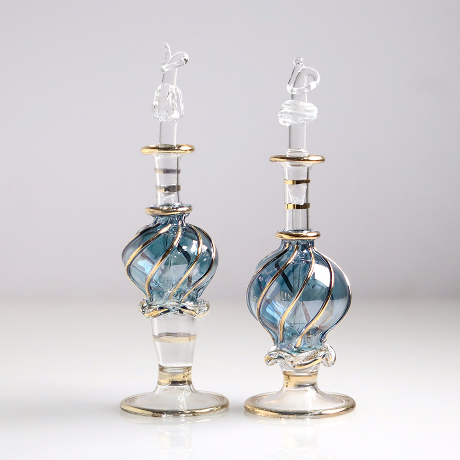 エジプト ガラス香水瓶　11cm ２本セット　ゴールドライン ファラオ ユニークなボトルキャップ