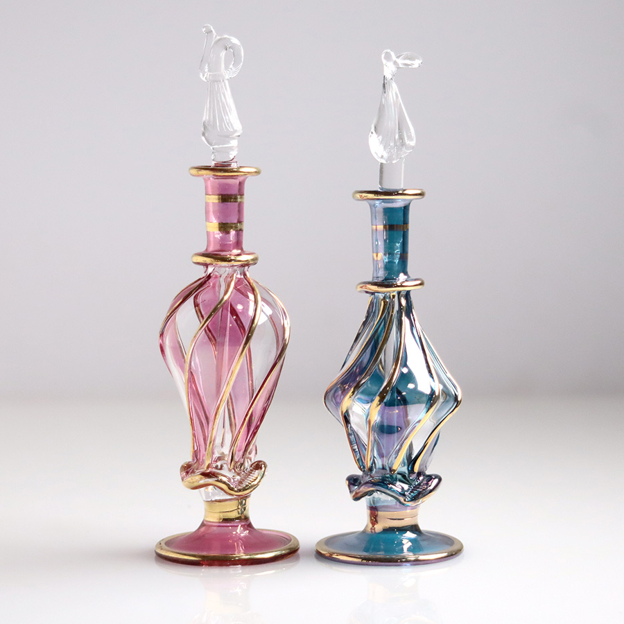 エジプト ガラス香水瓶　11cm ２本セット　ゴールドライン ファラオ ユニークなボトルキャップ