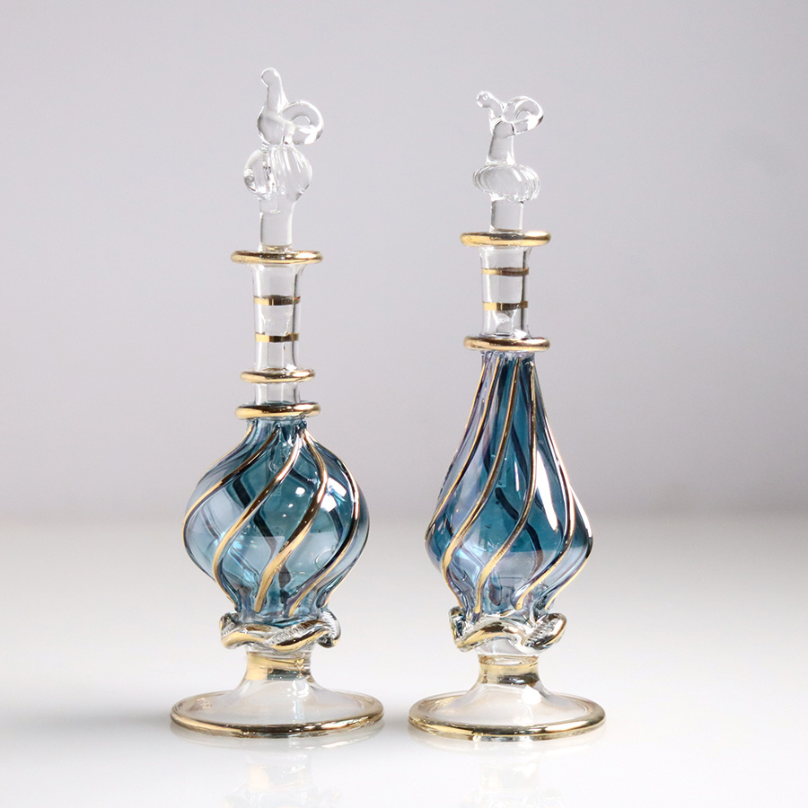 エジプト ガラス香水瓶　11cm ２本セット　ゴールドライン ファラオ ユニークなボトルキャップ