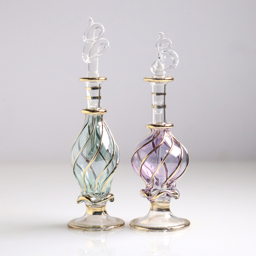 エジプト ガラス香水瓶　11cm ２本セット　ゴールドライン ファラオ ユニークなボトルキャップ