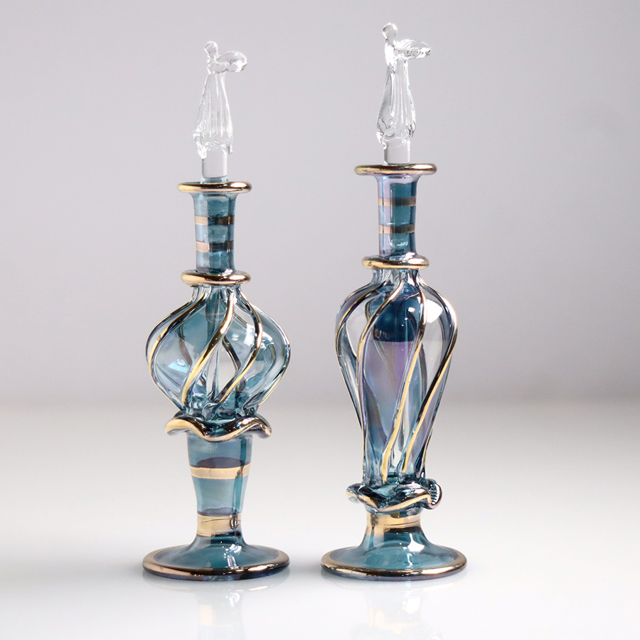 エジプト ガラス香水瓶　11cm ２本セット　ゴールドライン ファラオ ユニークなボトルキャップ