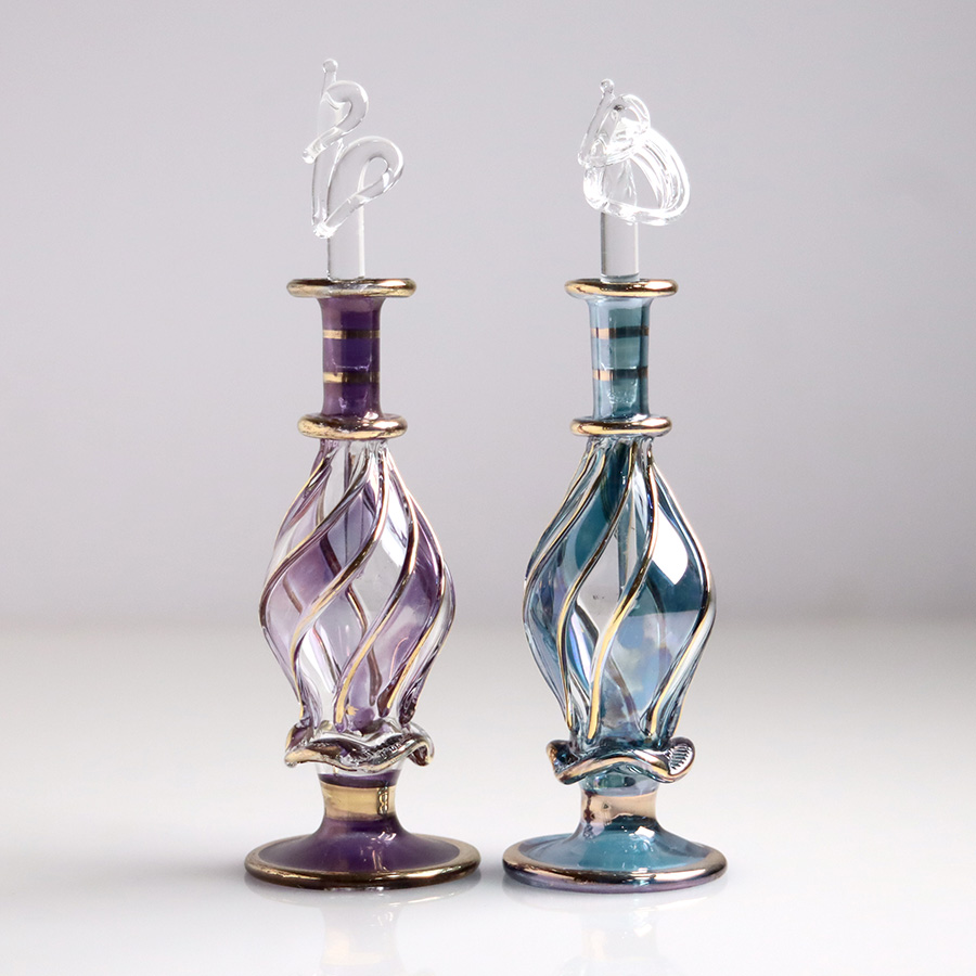 エジプト ガラス香水瓶　11cm ２本セット　ゴールドライン ファラオ ユニークなボトルキャップ