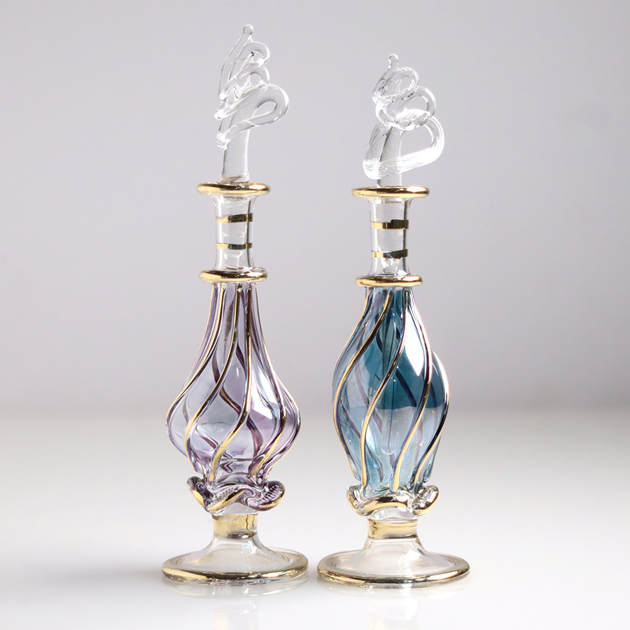 エジプト ガラス香水瓶　11cm ２本セット　ゴールドライン ファラオ ユニークなボトルキャップ