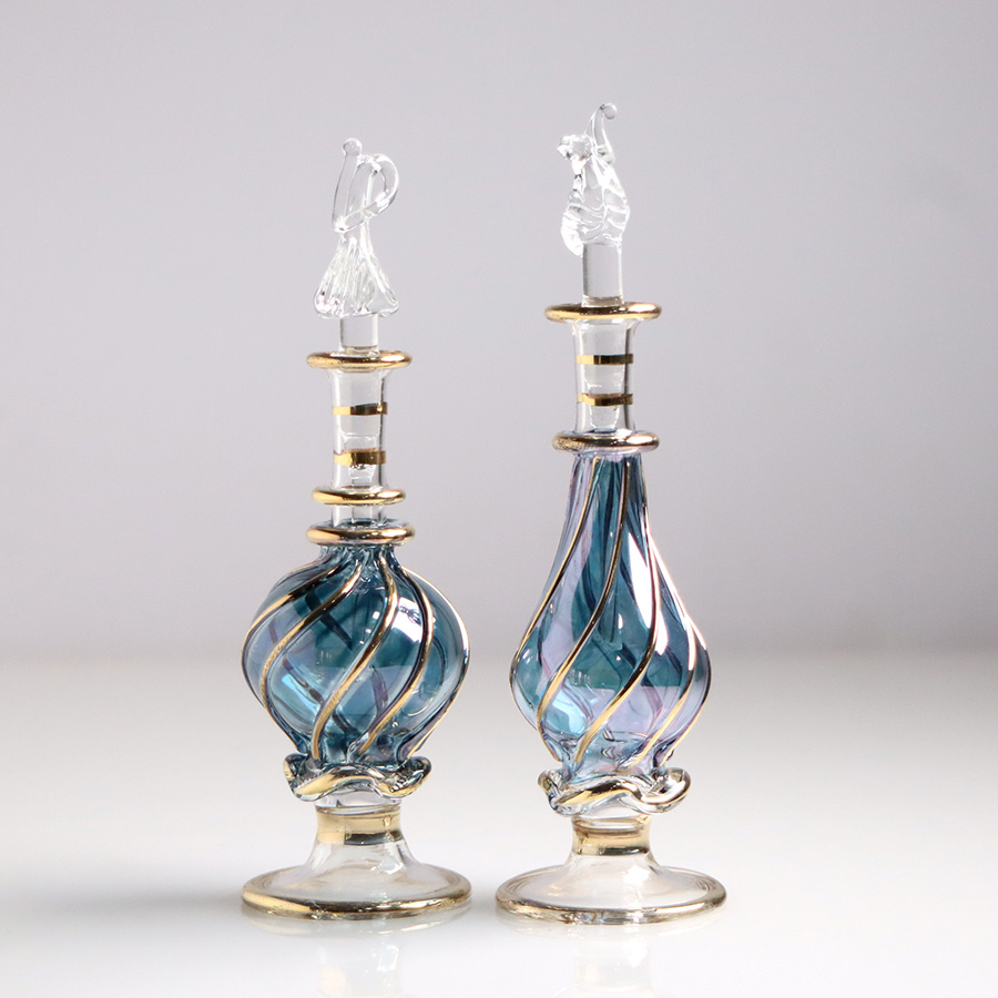 エジプト ガラス香水瓶　11cm ２本セット　ゴールドライン ファラオ ユニークなボトルキャップ