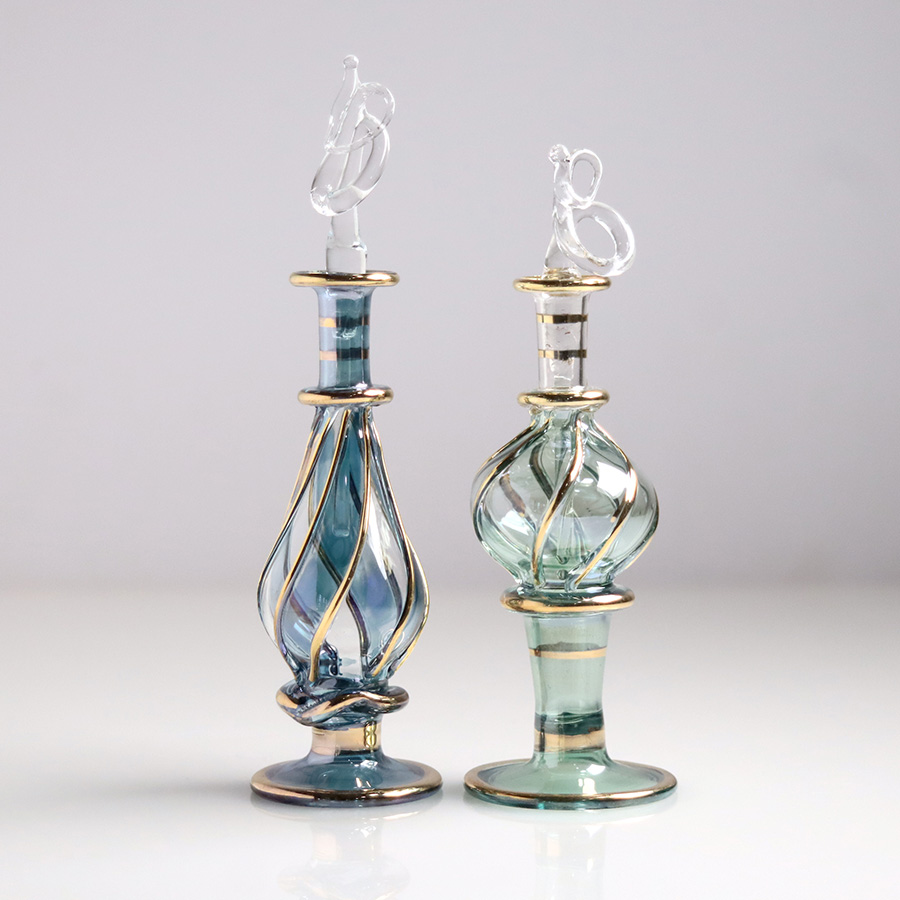 エジプト ガラス香水瓶　11cm ２本セット　ゴールドライン ファラオ ユニークなボトルキャップ