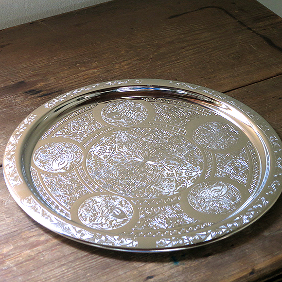 銅製カフェトレー丸盆29cm・シルバー エキゾチックなイスラミックデザイン
