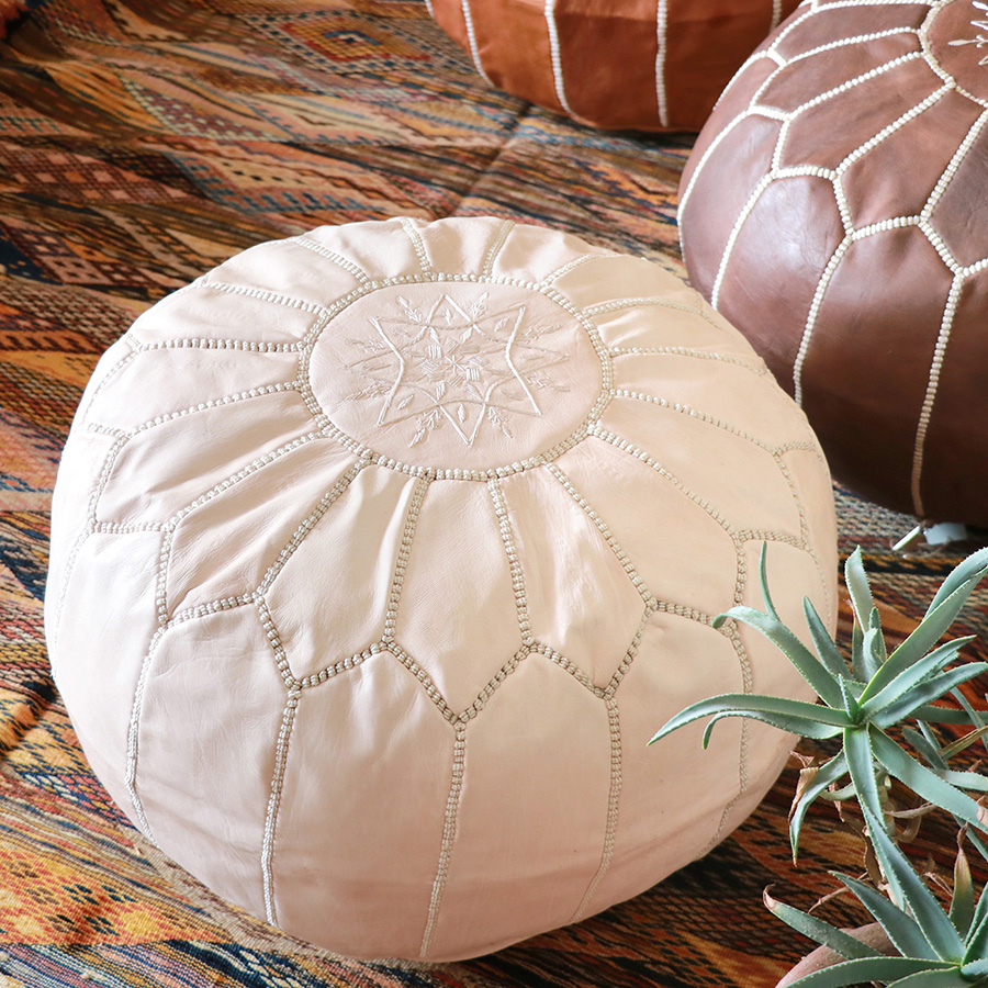 Moroccan POUF light beige モロッコ・プフφ50cm ヤギ革ヌメ・ナチュラル　中材付・オットマンスツール