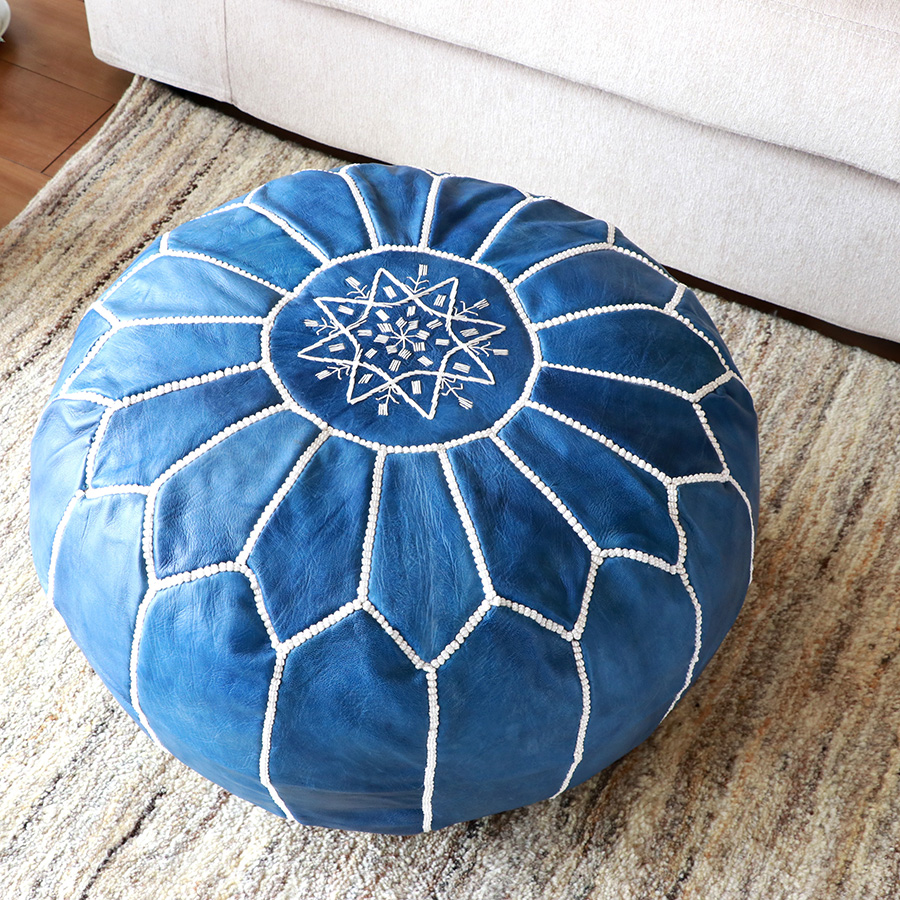 Moroccan POUF Blue モロッコ・プフφ50cm ヤギ革　ブルー　オットマンスツール　山羊革　ハンドメイド