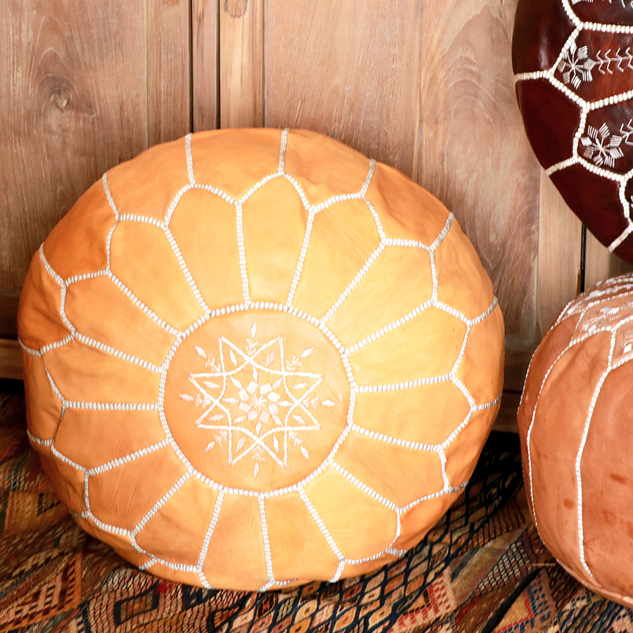 Moroccan POUF Yellow モロッコ・プフφ50cm ヤギ革　イエロー　オットマンスツール　山羊革　ハンドメイド