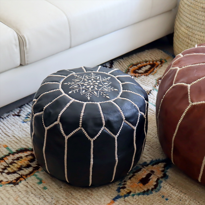 Moroccan POUF Black モロッコ　プフφ35cm ヤギ革　マットブラック　オットマンスツール　山羊革　ハンドメイド
