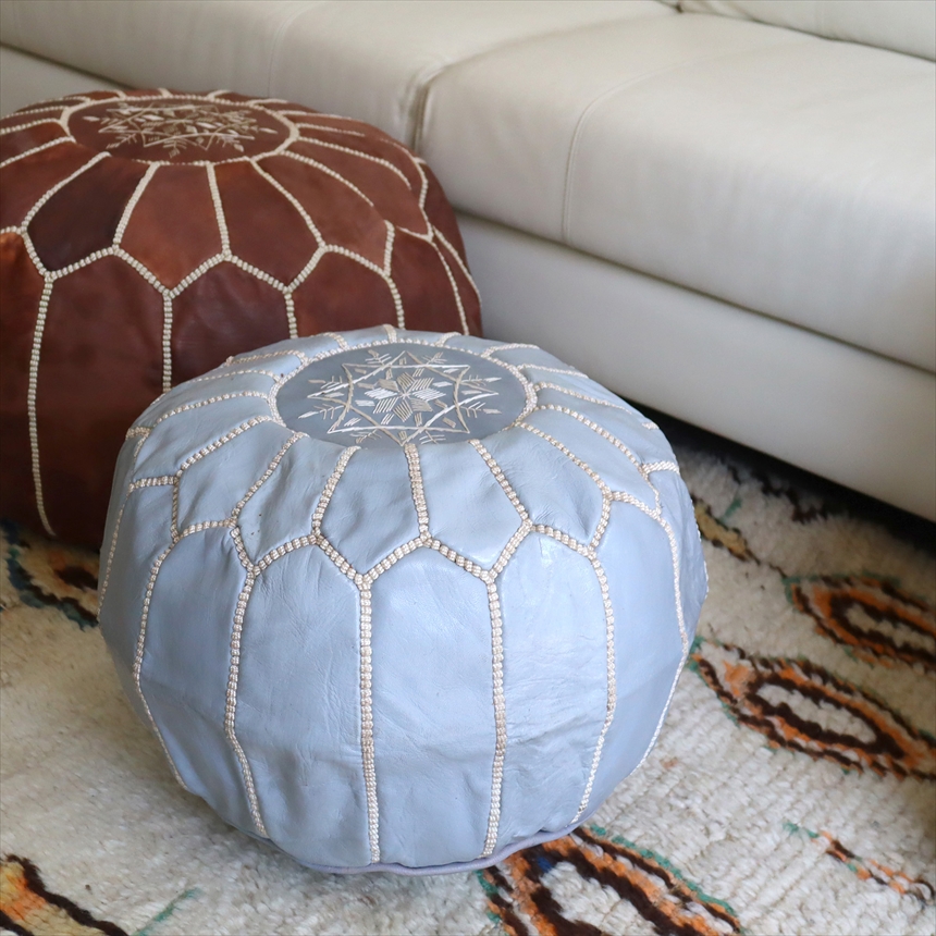 Moroccan POUF Gray モロッコ　プフφ35cm ヤギ革　ライトグレー　オットマンスツール　山羊革　ハンドメイド