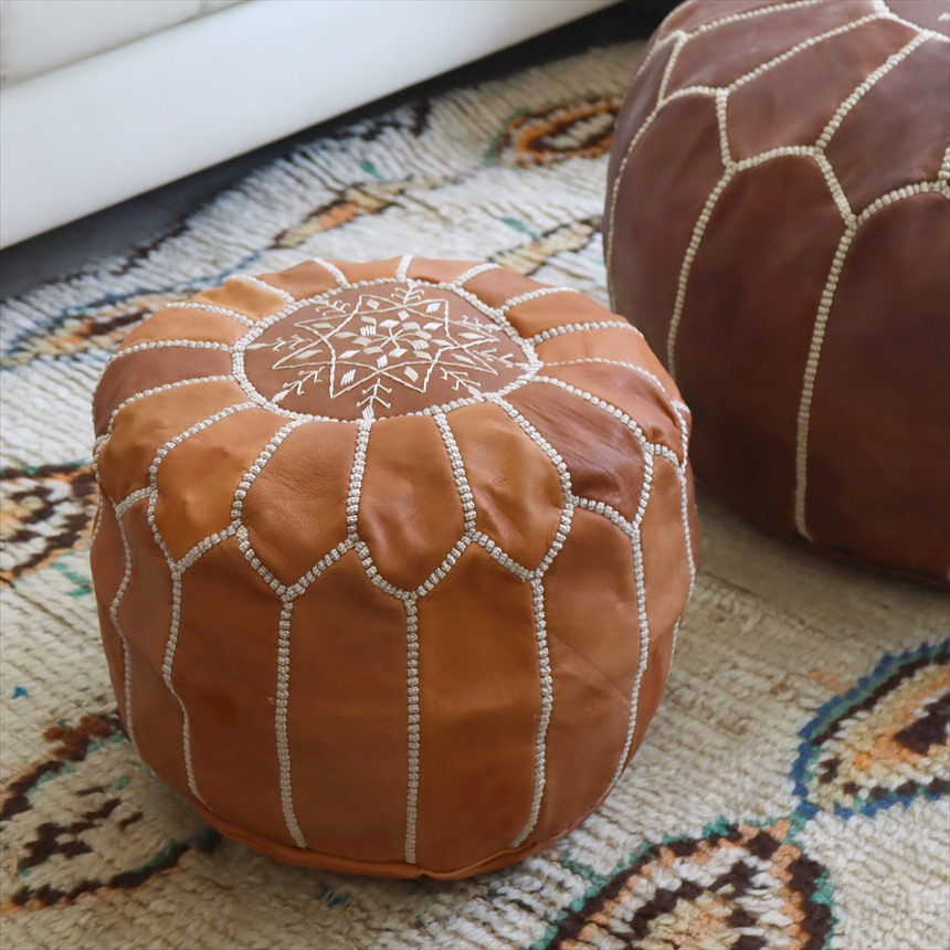 Moroccan POUF Tan モロッコ　プフφ35cm ヤギ革　タン　オットマンスツール　山羊革　ハンドメイド