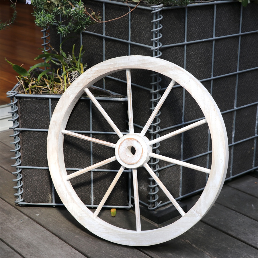 アンティーク風木製ホイール/木製車輪　直径43cm ホワイト　ガーデンウィール　ガーデニング　ウォールデコ