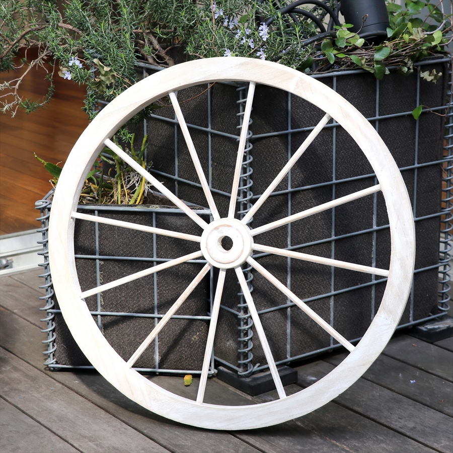 アンティーク風木製ホイール/木製車輪　直径58cm ホワイト　ガーデンウィール　ガーデニング　ウォールデコ