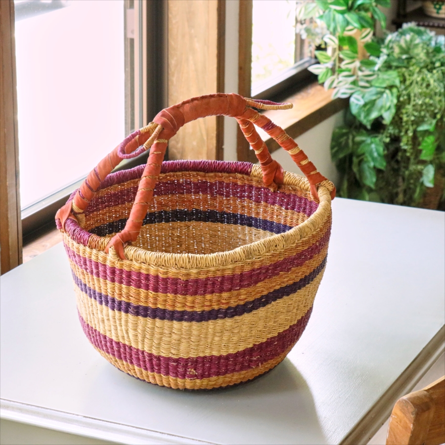 ブルキナバスケット羊革の持ち手 カラフルストライプ 【現品】