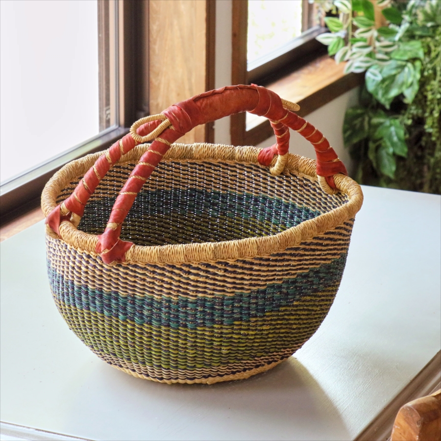 ブルキナバスケット羊革の持ち手 カラフルストライプ 【現品】