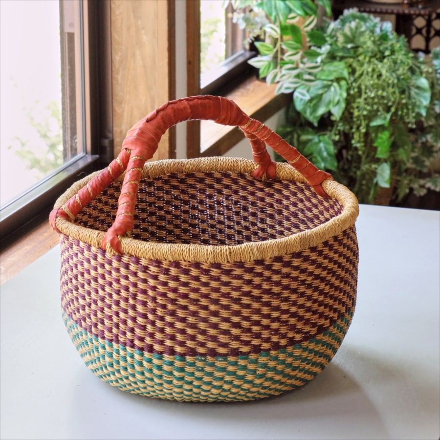 ブルキナバスケット羊革の持ち手 カラフルストライプ 【現品】