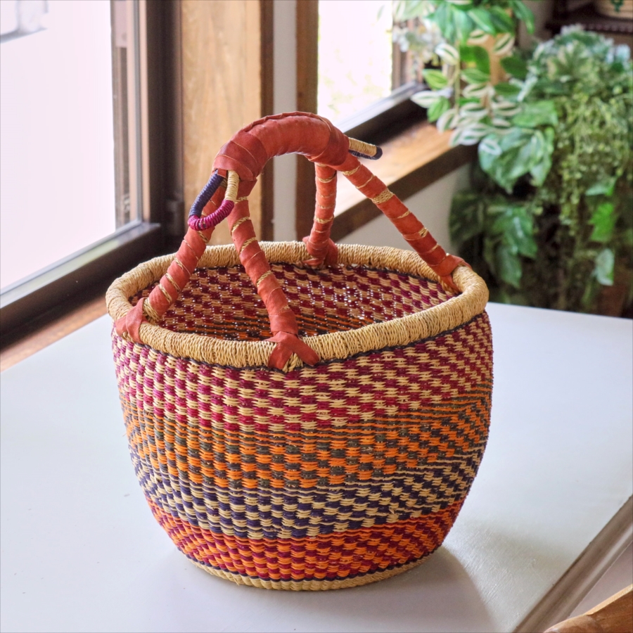 ブルキナバスケット羊革の持ち手 カラフルストライプ 【現品】