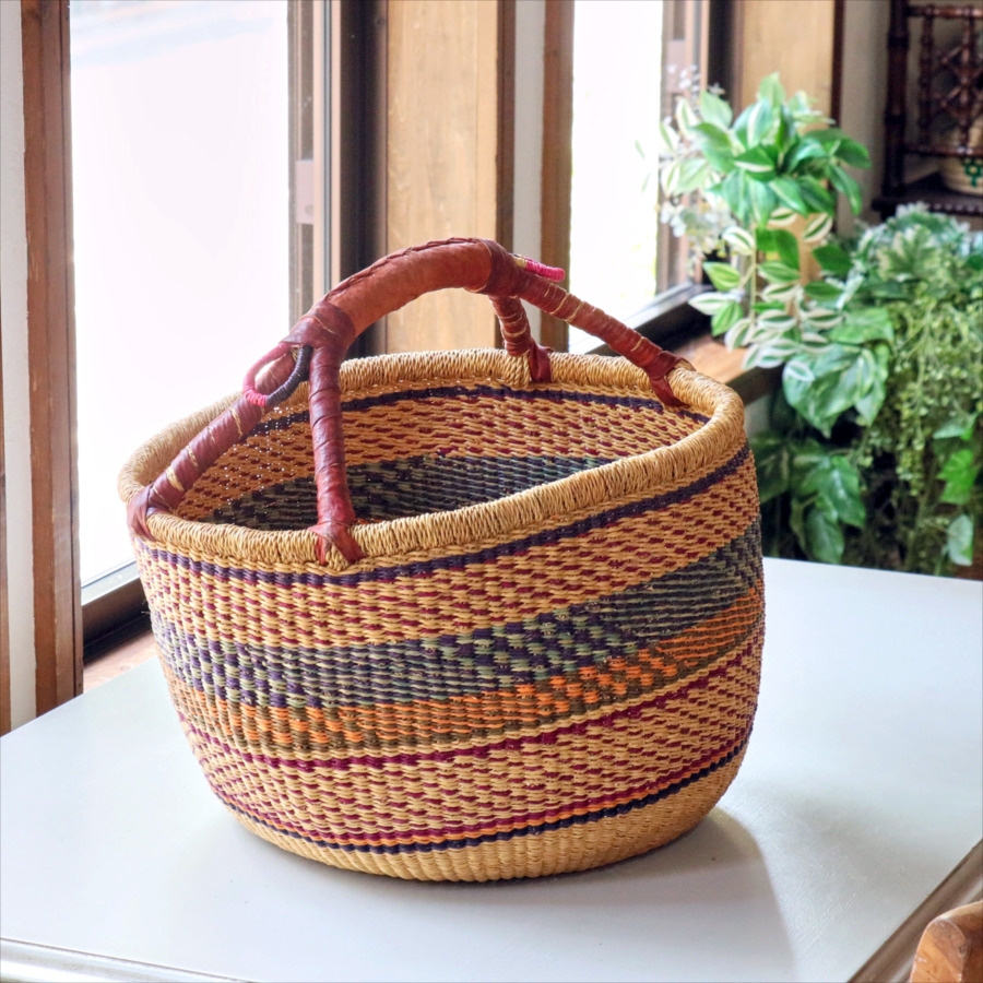ブルキナバスケット　特大　　直径38cm　【現品】　羊革の持ち手　ナチュラル　ストライプ
