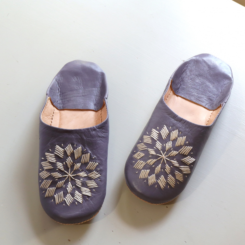 Morocco Babouche バブーシュ・スパンコール/ラベンダー＆シルバー/24cm Moroccan Slippers/バブーシュ・レザー・スリッパ/革のスリッパ/羊革/モロッコ製