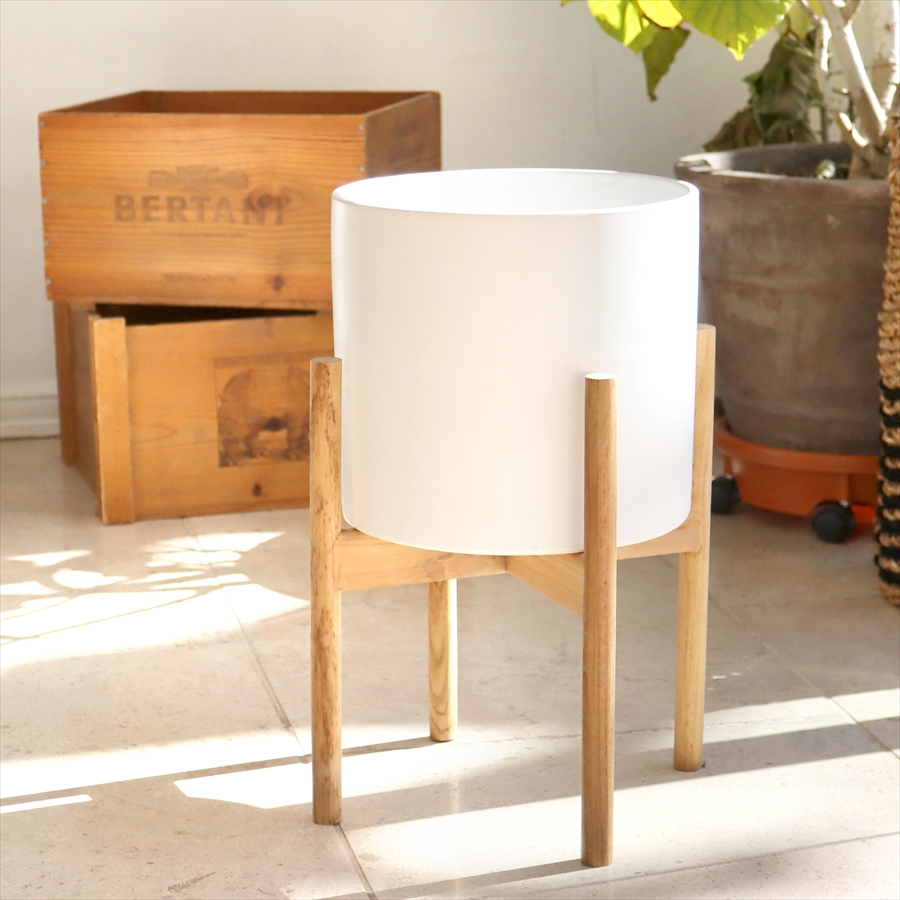 セラミック鉢カバー・木製スタンド付き/プランターカバー H41cm 　白い陶器の植木鉢