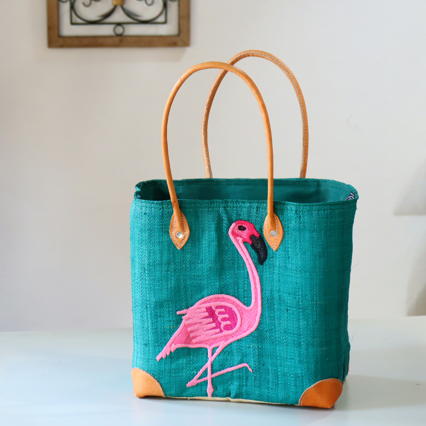 マダガスカル ラフィアのバッグ Mサイズフレンチ マルシェ バッグ/French Marche Bag/フラミンゴ・グリーン