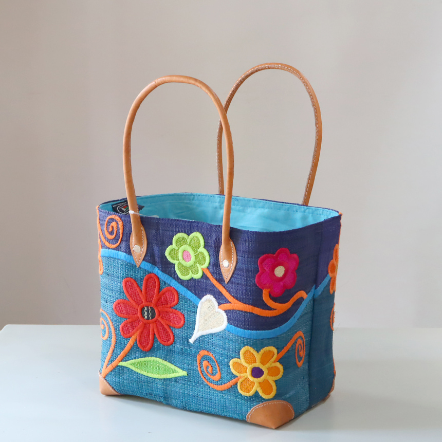 マダガスカル ラフィアのバッグ Mサイズフレンチ マルシェ バッグ/French Marche Bag フルールブルー