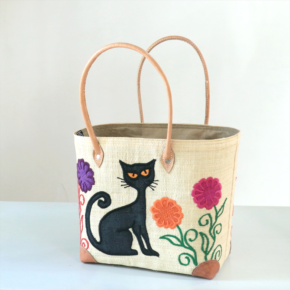 マダガスカル ラフィアのバッグ Mサイズ フレンチ マルシェ バッグ/French Marche Bag 猫 ナチュラル