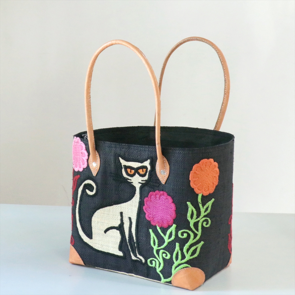 マダガスカル ラフィアのバッグ Mサイズ フレンチ マルシェ バッグ/French Marche Bag 猫 ブラック