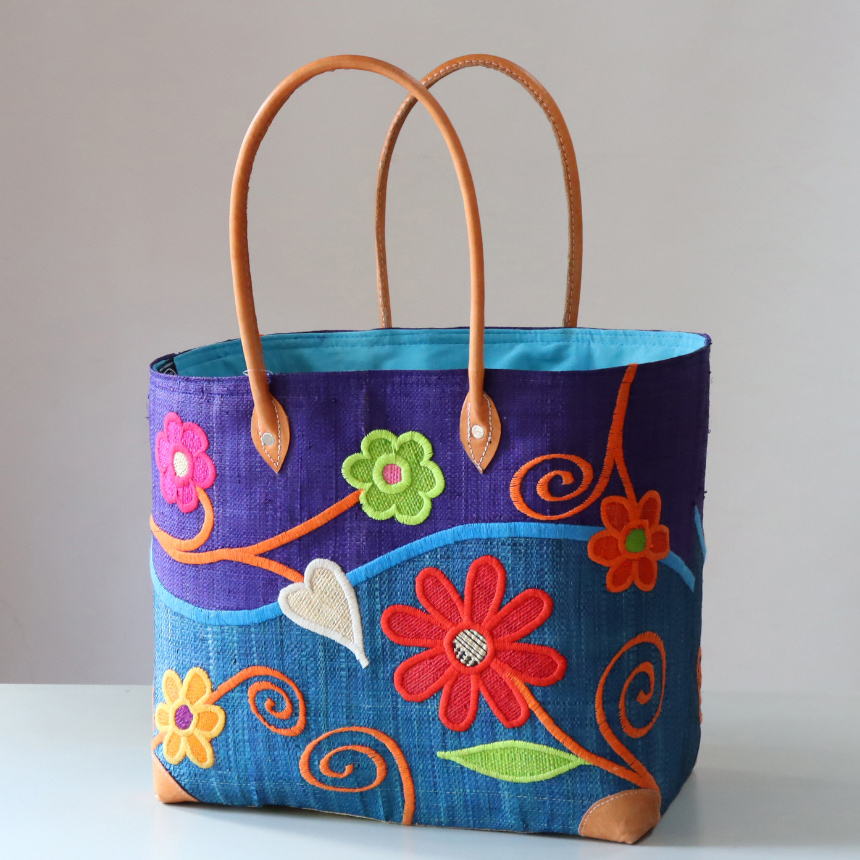 マダガスカル ラフィアのバッグ Lサイズフレンチ マルシェ バッグ/French Marche Bag　フルールブルー
