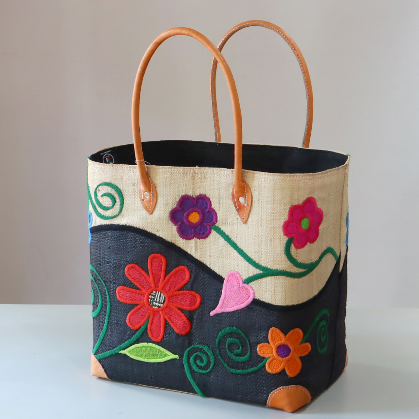 マダガスカル ラフィアのバッグ Lサイズフレンチ マルシェ バッグ/French Marche Bag フルールノワール
