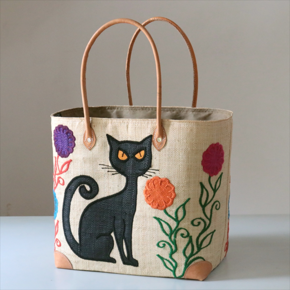 マダガスカル ラフィアのバッグ Lサイズ フレンチ マルシェ バッグ/French Marche Bag 猫 ナチュラル